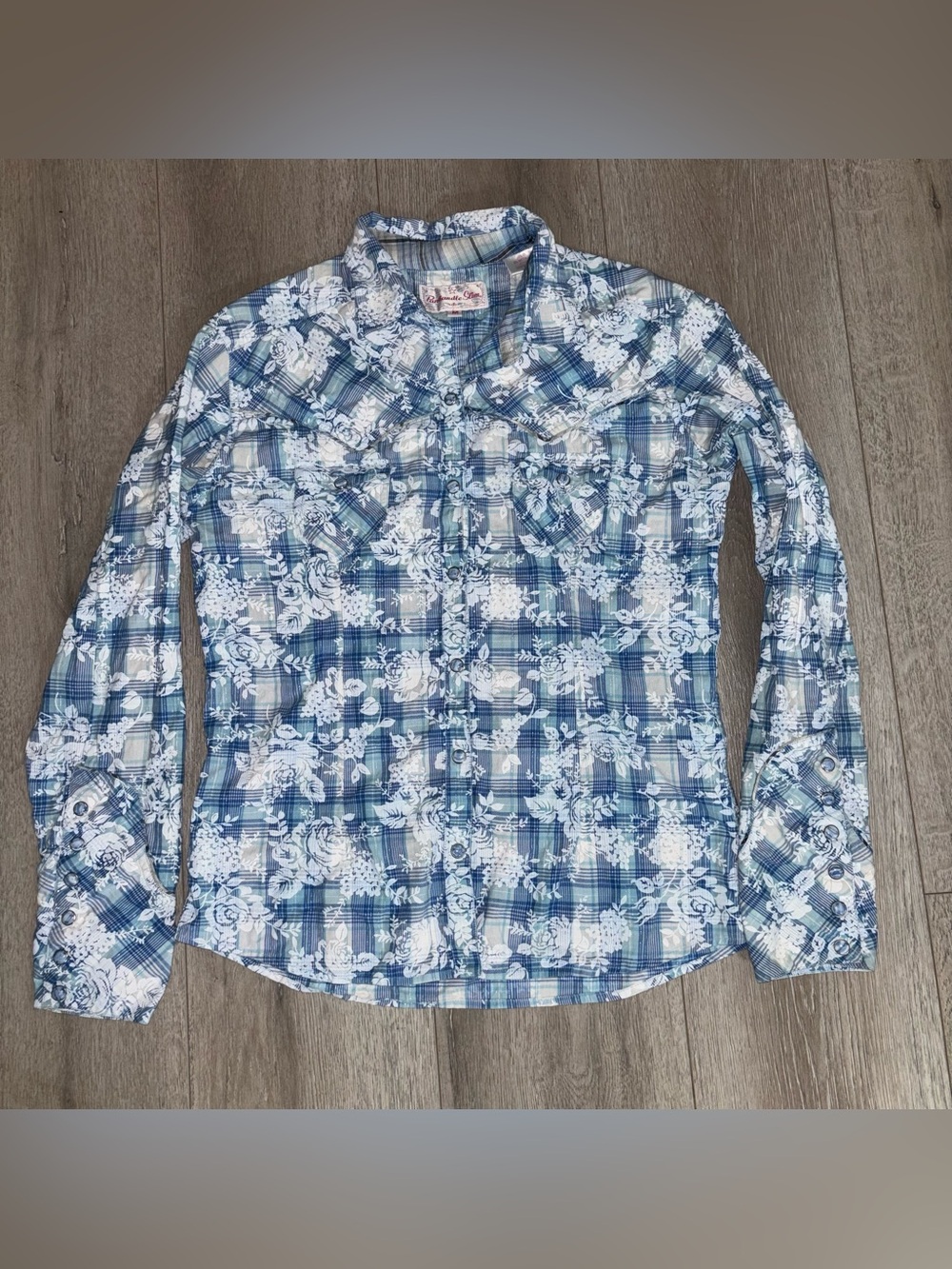 Panhandle Slim Coastal Cowgirl Blue Plaid White Rose Western Shirt Pearl Snaps